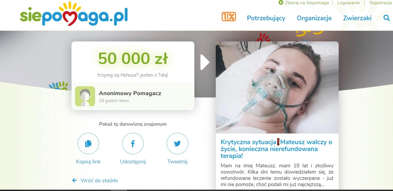 Anonimowy darczyńca przekazał 50 tys. złotych na leczenie Mateusza Czapli!