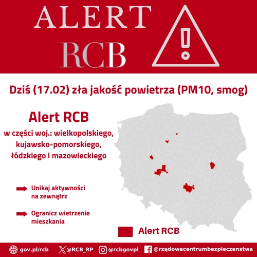 Alert sms RCB: zła jakość powietrza (smog), unikaj aktywności na zewnątrz