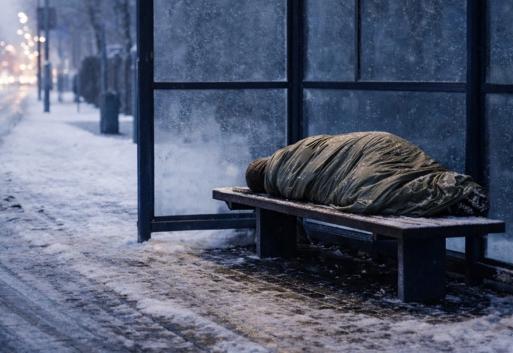 Spała na przystanku przy silnym mrozie. Policjanci udzielili pomocy