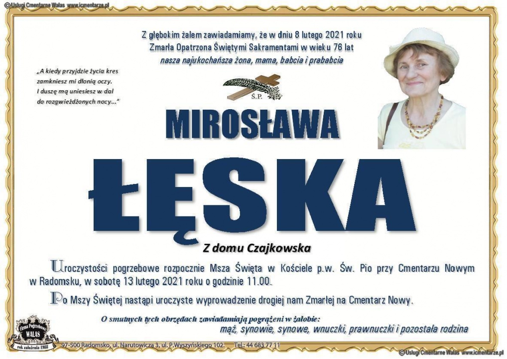 Ostatnie pożegnanie Mirosławy Łęskiej. Pogrzeb w sobotę 13 lutego