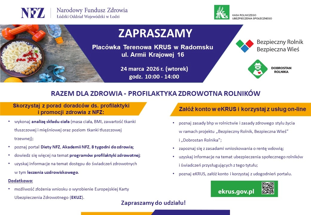 KRUS i NFZ zapraszają na dzień zdrowia w placówce terenowej w Radomsku