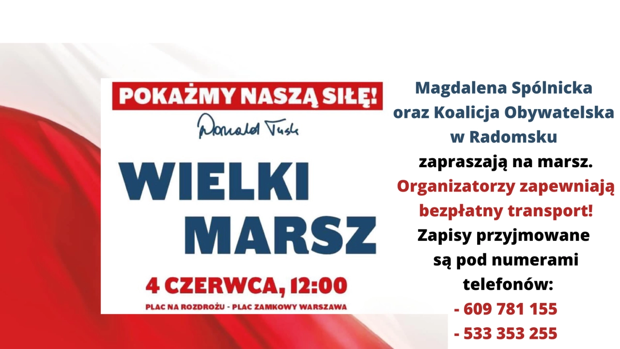 Magdalena Spólnicka i Koalicja Obywatelska w Radomsku zapraszają na marsz. Będzie bezpłatny transport do Warszawy!