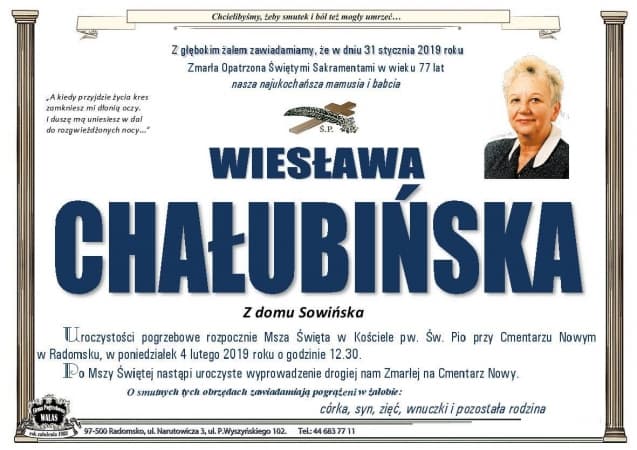 Odeszła Wiesława Chałubińska