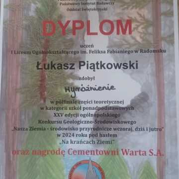 Wyróżnienie dla Łukasza Piątkowskiego w konkursie „Nasza Ziemia - środowisko przyrodnicze wczoraj, dziś i jutro”