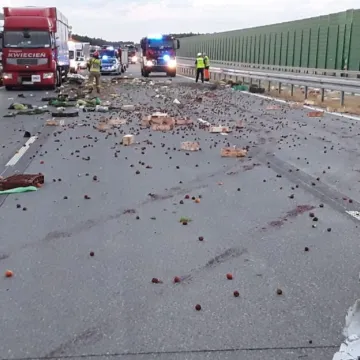 Wypadek busa na A1. Na drogę wyspały się warzywa i owoce