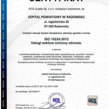 Szpital Powiatowy w Radomsku z certyfikatem zarządzania jakością w sektorze ochrony zdrowia